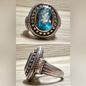 Vintage Designer Signed BJC Sterling Silver & 18K Gold Blue Topaz Ring,Size 5.75